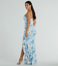 Style 05002-7955 Windsor Blue Size 12 Floral Jersey Prom Tall Height Side slit Dress on Queenly