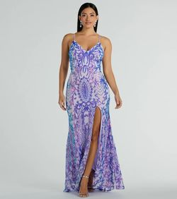 Style 05002-8001 Windsor Purple Size 12 Floor Length Plus Size V Neck Sheer Side slit Dress on Queenly