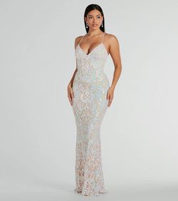 Style 05002-7959 Windsor White Size 0 Sequined Prom Sheer Mermaid Dress on Queenly