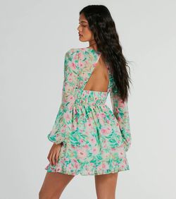 Style 05101-3186 Windsor Green Size 0 Floral Long Sleeve Keyhole Tall Height Cocktail Dress on Queenly