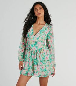 Style 05101-3186 Windsor Green Size 0 Sleeves Floral Flare Cocktail Dress on Queenly