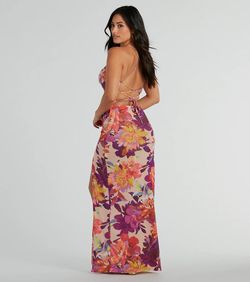 Style 05101-3241 Windsor Multicolor Size 4 Sheer Print Floor Length Corset Side slit Dress on Queenly