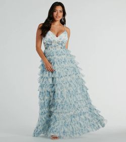 Style 05002-7865 Windsor Blue Size 0 Spaghetti Strap Black Tie Corset Straight Dress on Queenly