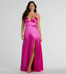 Style 05002-8129 Windsor Pink Size 12 Prom Floor Length Plus Size Corset V Neck Side slit Dress on Queenly