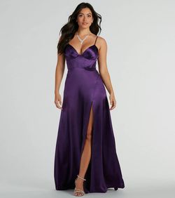 Style 05002-8133 Windsor Purple Size 0 Satin Bridesmaid Floor Length Side slit Dress on Queenly
