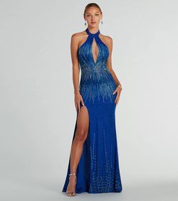 Style 05002-8110 Windsor Blue Size 12 Sheer Halter Side slit Dress on Queenly