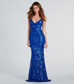 Style 05002-7735 Windsor Blue Size 4 Pattern Spaghetti Strap Tall Height 05002-7735 Mermaid Dress on Queenly