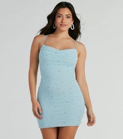 Style 05001-2164 Windsor Blue Size 4 Spaghetti Strap Sorority Backless Jersey Cocktail Dress on Queenly