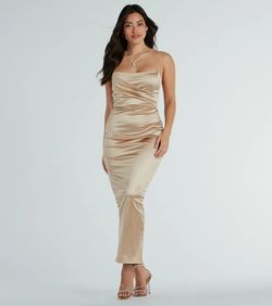 Style 05002-7834 Windsor Nude Size 0 Satin Floor Length Side slit Dress on Queenly