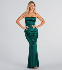 Style 05002-7924 Windsor Green Size 4 Satin Mini Bridesmaid Spaghetti Strap Mermaid Dress on Queenly