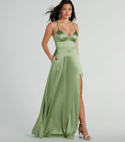 Style 05002-8056 Windsor Green Size 0 V Neck Teal Satin Jersey Side slit Dress on Queenly