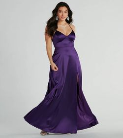 Style 05002-8060 Windsor Purple Size 0 Prom Wedding Guest A-line Spaghetti Strap Jersey Side slit Dress on Queenly