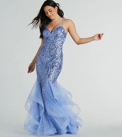Style 05002-8223 Windsor Blue Size 4 05002-8223 Pattern Tulle Floor Length Mermaid Dress on Queenly