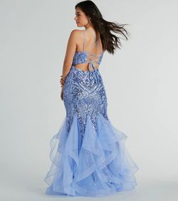 Style 05002-8223 Windsor Blue Size 8 Quinceanera Floor Length V Neck Sheer Mermaid Dress on Queenly