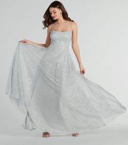 Style 05002-8092 Windsor Silver Size 0 Floor Length Tulle Square Neck Straight Dress on Queenly