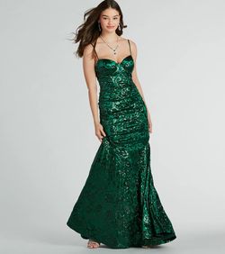Style 05002-8399 Windsor Green Size 4 A-line Sweetheart Spaghetti Strap Jersey Mermaid Dress on Queenly