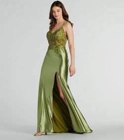 Style 05005-0130 Windsor Green Size 4 Prom Sequined Spaghetti Strap Tall Height Side slit Dress on Queenly