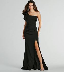 Style 05002-8213 Windsor Black Size 0 Ruffles Bridesmaid Floor Length Side slit Dress on Queenly