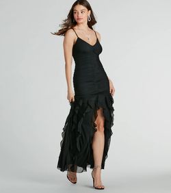 Style 05002-8397 Windsor Black Size 4 Prom Ruffles Spaghetti Strap Jersey Side slit Dress on Queenly