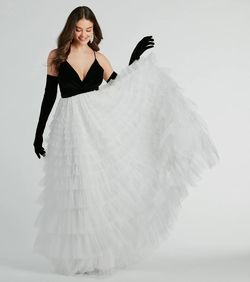 Style 05004-0199 Windsor White Size 12 Sheer Velvet Plunge Floor Length Straight Dress on Queenly