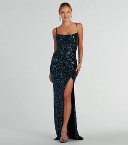 Style 05002-8118 Windsor Blue Size 4 Custom Mermaid Spaghetti Strap Black Tie Side slit Dress on Queenly
