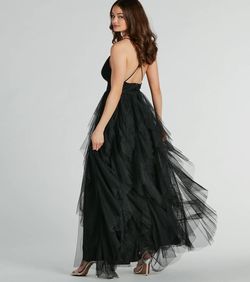 Style 05002-8148 Windsor Black Size 4 A-line Plunge Backless Spaghetti Strap Ball Gown Side slit Dress on Queenly