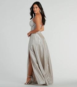 Style 05002-7987 Windsor Silver Size 0 Spaghetti Strap Shiny Satin Floor Length Side slit Dress on Queenly