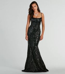 Style 05002-8414 Windsor Black Tie Size 0 Spaghetti Strap Corset Side slit Dress on Queenly