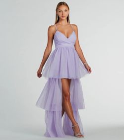 Style 05002-7881 Windsor Purple Size 0 05002-7881 Ruffles High Low Spaghetti Strap Jersey Straight Dress on Queenly
