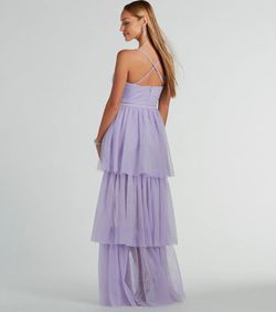 Style 05002-7881 Windsor Purple Size 12 05002-7881 Ruffles High Low Spaghetti Strap Jersey Straight Dress on Queenly