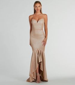 Style 05002-8111 Windsor Gold Size 0 Floor Length Satin Strapless Military Mermaid Dress on Queenly