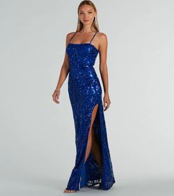 Style 05002-8053 Windsor Blue Size 12 Floor Length Prom Sheer Side slit Dress on Queenly