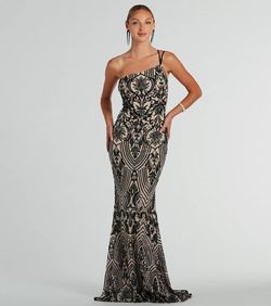 Style 05002-7936 Windsor Black Size 0 Custom Jersey Prom One Shoulder Mermaid Dress on Queenly