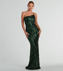 Style 05002-8406 Windsor Green Size 4 Floor Length One Shoulder Jersey Mermaid Dress on Queenly
