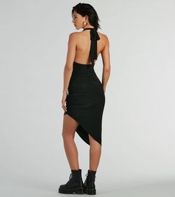 Style 05101-3294 Windsor Black Size 0 Tall Height High Neck Mini Cocktail Side slit Dress on Queenly