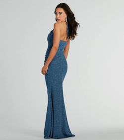 Style 05002-8373 Windsor Blue Size 4 Floor Length Halter Side slit Dress on Queenly