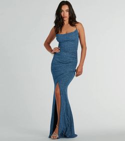 Style 05002-8373 Windsor Blue Size 4 Shiny Floor Length Side slit Dress on Queenly