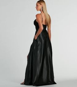 Style 05002-8451 Windsor Black Size 0 Prom Satin Floor Length Spaghetti Strap Side slit Dress on Queenly