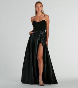 Style 05002-8451 Windsor Black Size 4 A-line Padded Floor Length Satin Side slit Dress on Queenly