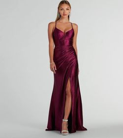 Style 05002-8054 Windsor Purple Size 12 Floor Length Plus Size V Neck Sheer Side slit Dress on Queenly