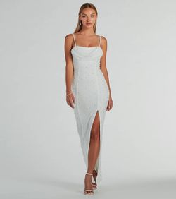 Style 05002-8123 Windsor White Size 4 Sheer Prom Floor Length Side slit Dress on Queenly