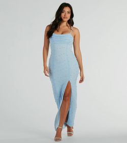 Style 05002-8124 Windsor Blue Size 4 Sheer Floor Length Side slit Dress on Queenly