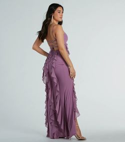 Style 05002-8383 Windsor Purple Size 0 05002-8383 Wedding Guest Ruffles Spaghetti Strap Jersey Side slit Dress on Queenly
