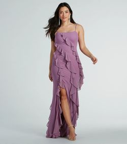 Style 05002-8383 Windsor Purple Size 0 05002-8383 Wedding Guest Ruffles Spaghetti Strap Jersey Side slit Dress on Queenly