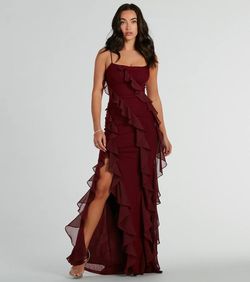 Style 05002-8386 Windsor Red Size 0 Padded Wedding Guest Ruffles Spaghetti Strap Jersey Side slit Dress on Queenly