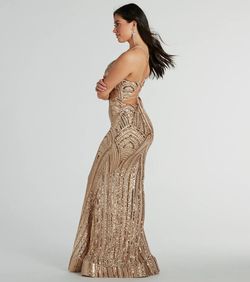 Style 05002-8171 Windsor Gold Size 4 Jersey Sequined Prom Tall Height Mermaid Dress on Queenly