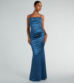 Style 05002-8115 Windsor Blue Size 4 Silk Bridesmaid Floor Length Mermaid Dress on Queenly