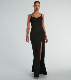 Style 05002-8195 Windsor Black Size 0 Spaghetti Strap Bridesmaid Floor Length Side slit Dress on Queenly
