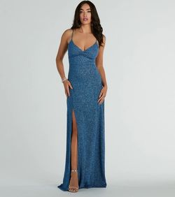 Style 05002-8466 Windsor Blue Size 4 Spaghetti Strap Wedding Guest Jersey Side slit Dress on Queenly