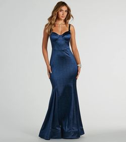 Style 05002-8134 Windsor Blue Size 0 Wedding Guest Bustier Padded Shiny Mermaid Dress on Queenly